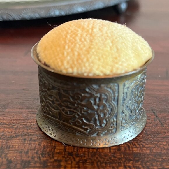 Antique Victorian Hat Pin Push Pin Cushion Bolster Pillow Brass Vanity Decor Th - Picture 5 of 6